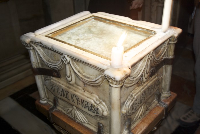 A pedestal containing what is believed to be part of the rolling stone that sealed the tomb